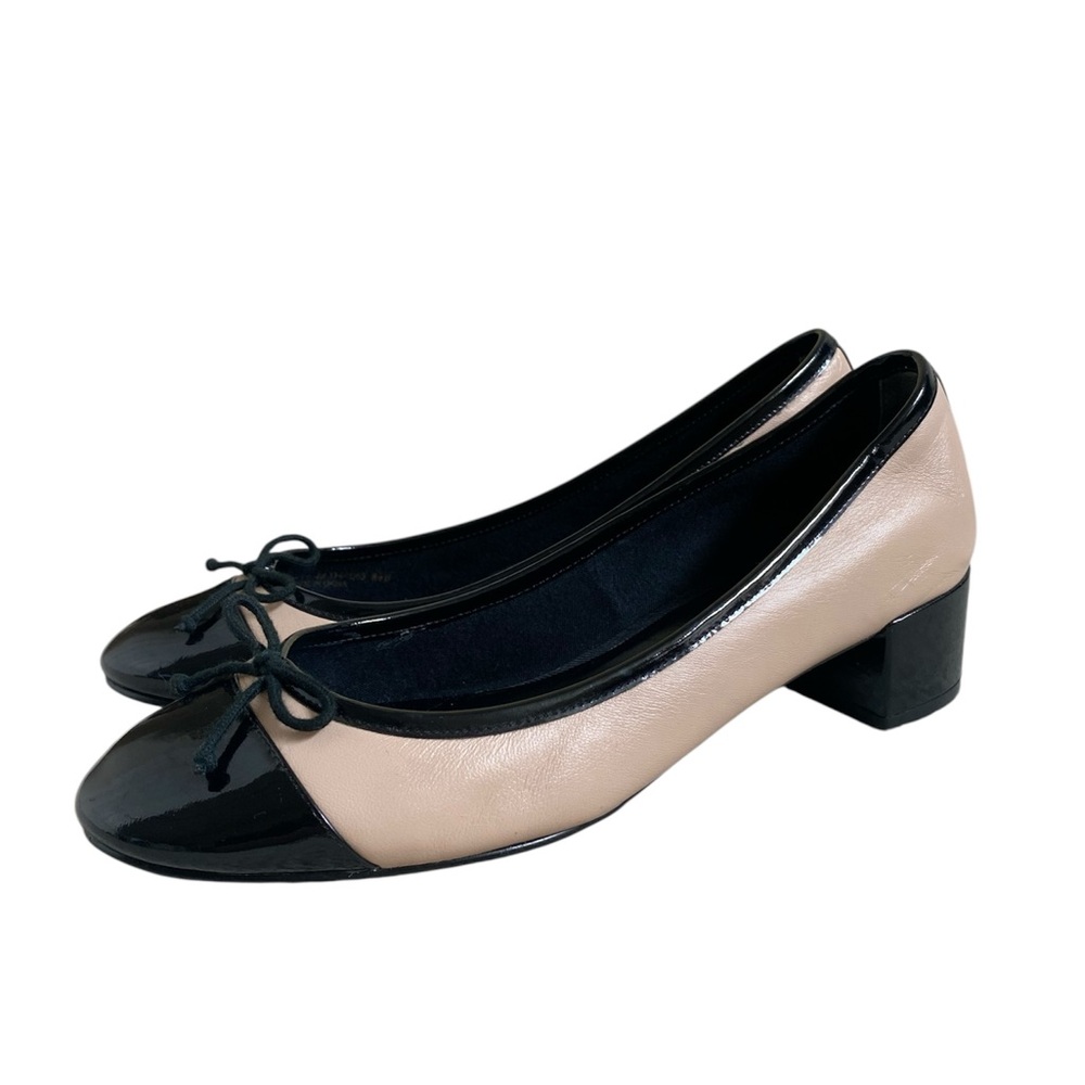Cole Haan Leather Ballet Classic Patent Cap Toe Block Heel Black Cream Pump 8.5
